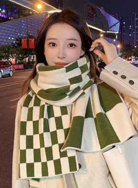 绿色棋盘格子围巾女冬季韩版百搭保暖女大学生加厚针织毛线围脖潮