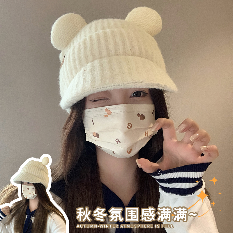 可爱小熊针织毛线帽子女秋冬季