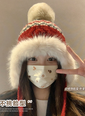 费尔岛红色雷锋帽女冬东北骑行防寒保暖红色加厚护耳针织毛线帽子
