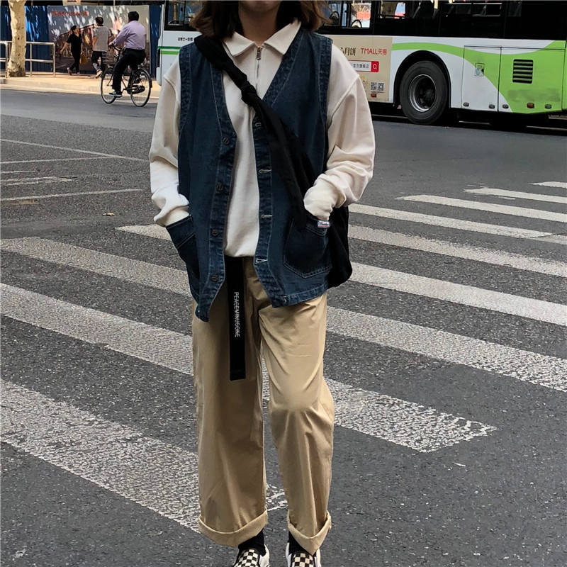 韩版春季复古宽松无袖V领单排扣口袋水洗做旧牛仔马甲背心上衣女