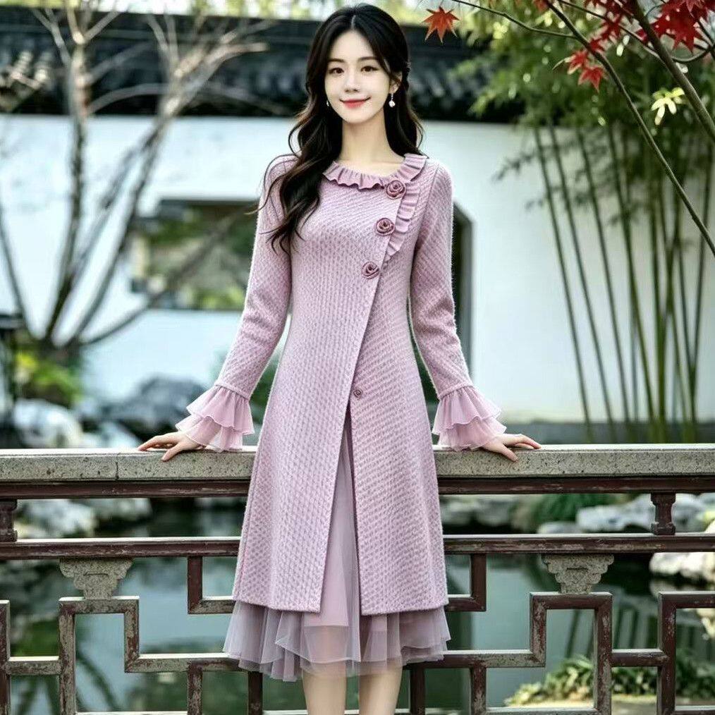 2026秋冬女装温柔针织毛呢外套百搭配网纱裙显瘦高档长款呢大衣