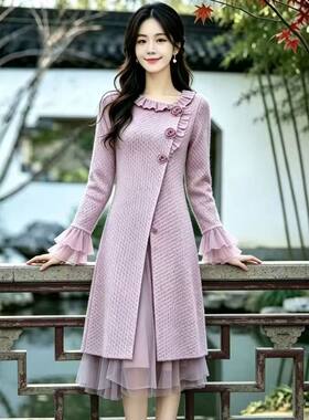 2026秋冬女装温柔针织毛呢外套百搭配网纱裙显瘦长款呢大衣
