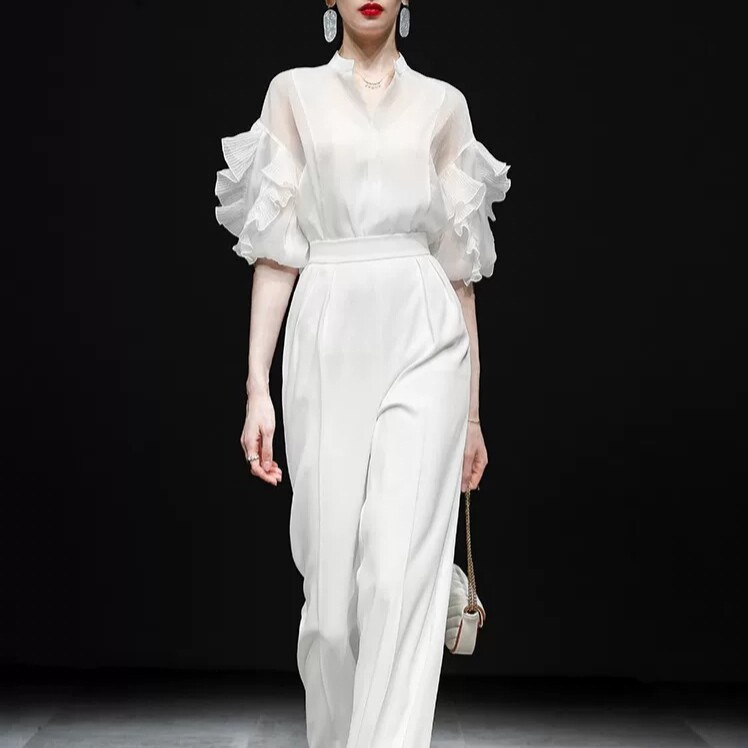 春夏夏时尚气质白色两件套亮面宽松衬衫百搭高腰直筒阔腿裤套装女