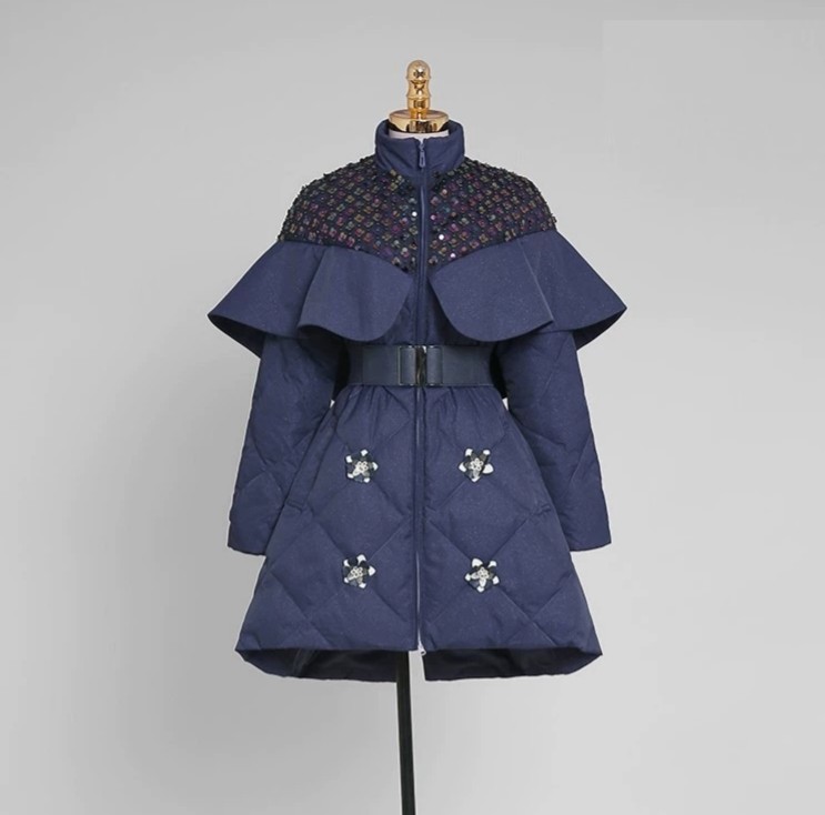 亮片披肩斗篷羽绒服冬复古时尚立领中长款A版收腰显瘦白鸭绒外套