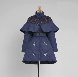 亮片披肩斗篷羽绒服冬复古时尚立领中长款A版收腰显瘦白鸭绒外套