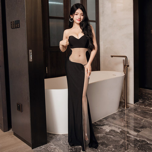 夜场上班气质显瘦性感连衣裙包臀长裙一字领抹胸晚礼服技师工作服