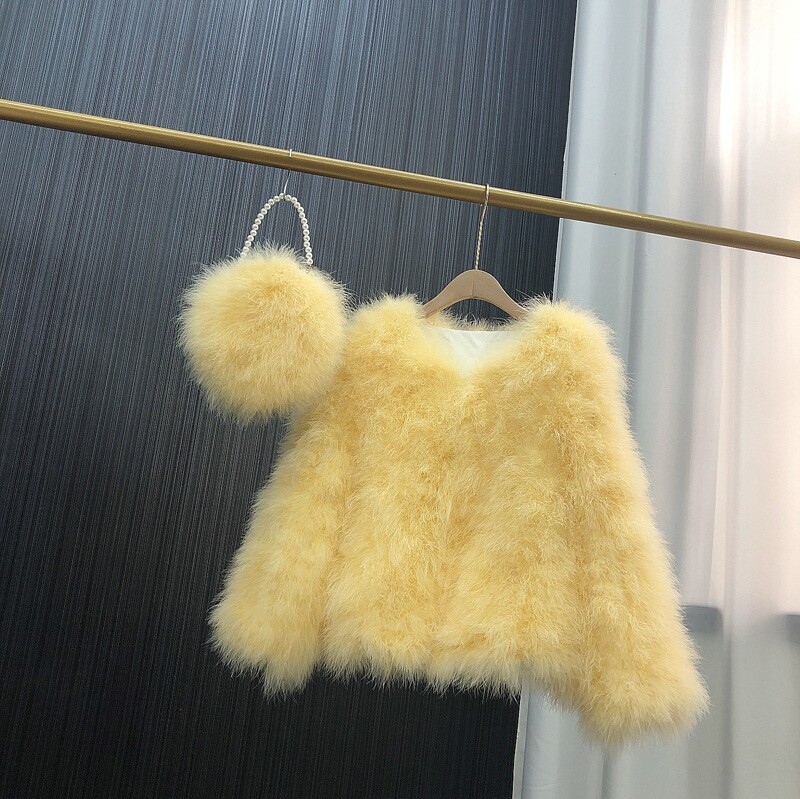 鸵鸟毛皮草外套衣长50厘米短款夹薄棉冬季保暖大衣仙气毛毛上衣女