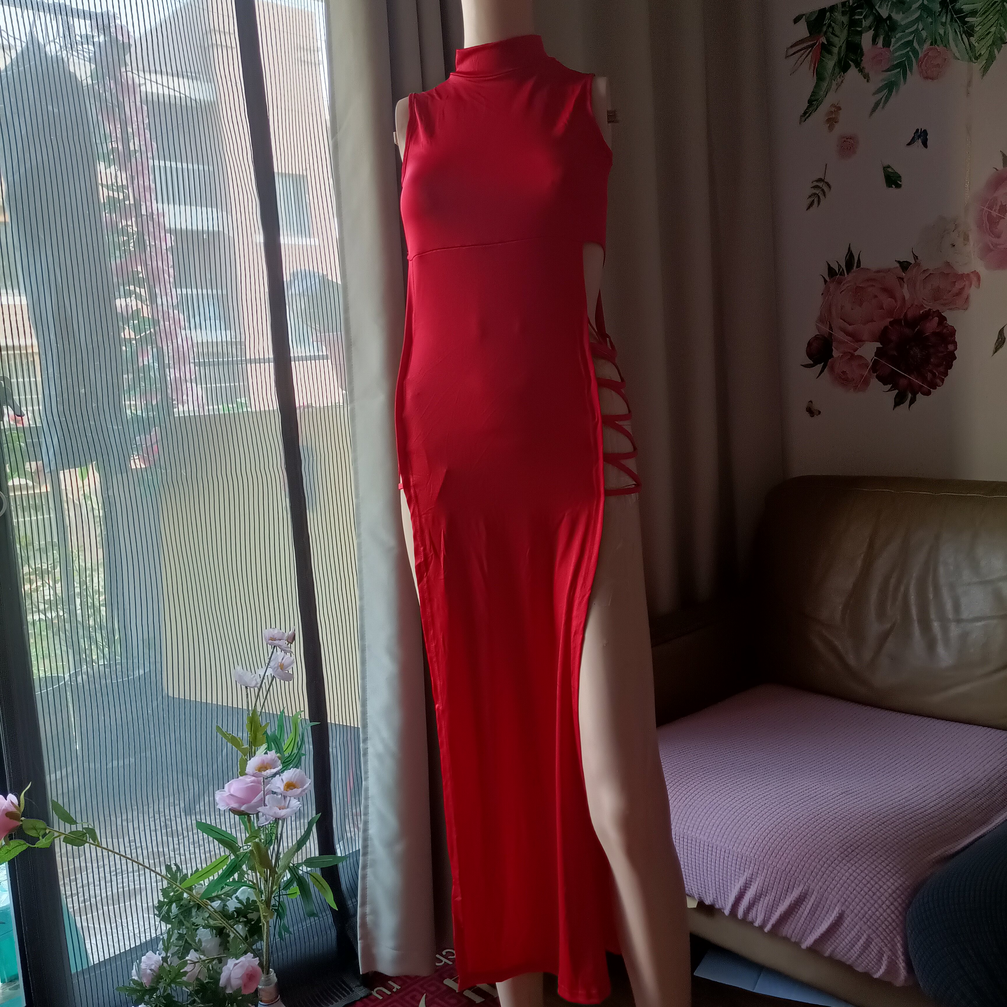 夜店性感镂空绑带裙时尚辣妹性感修身显瘦挂脖双开叉连衣裙长裙女