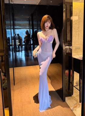 夜店性感透视网纱钉珠吊带长裙夜场柔式v领长款晚礼服连衣裙带罩