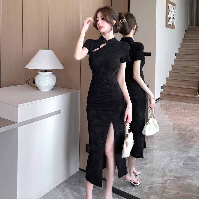 高级感足浴技师工作服欧美外贸中国风年轻款提花开叉旗袍连衣裙