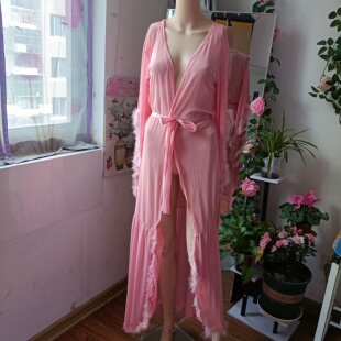 夜店性感连衣裙KTV夜场工作服技师透视性感羽毛喇叭袖拖尾长裙
