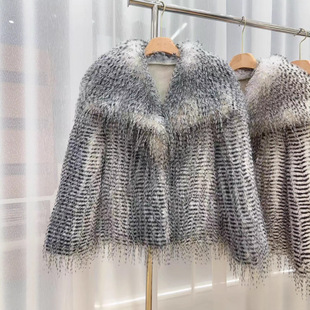 火鸡毛时尚短款皮草仿毛2025冬款环保皮草长毛保暖流苏翻领年轻款