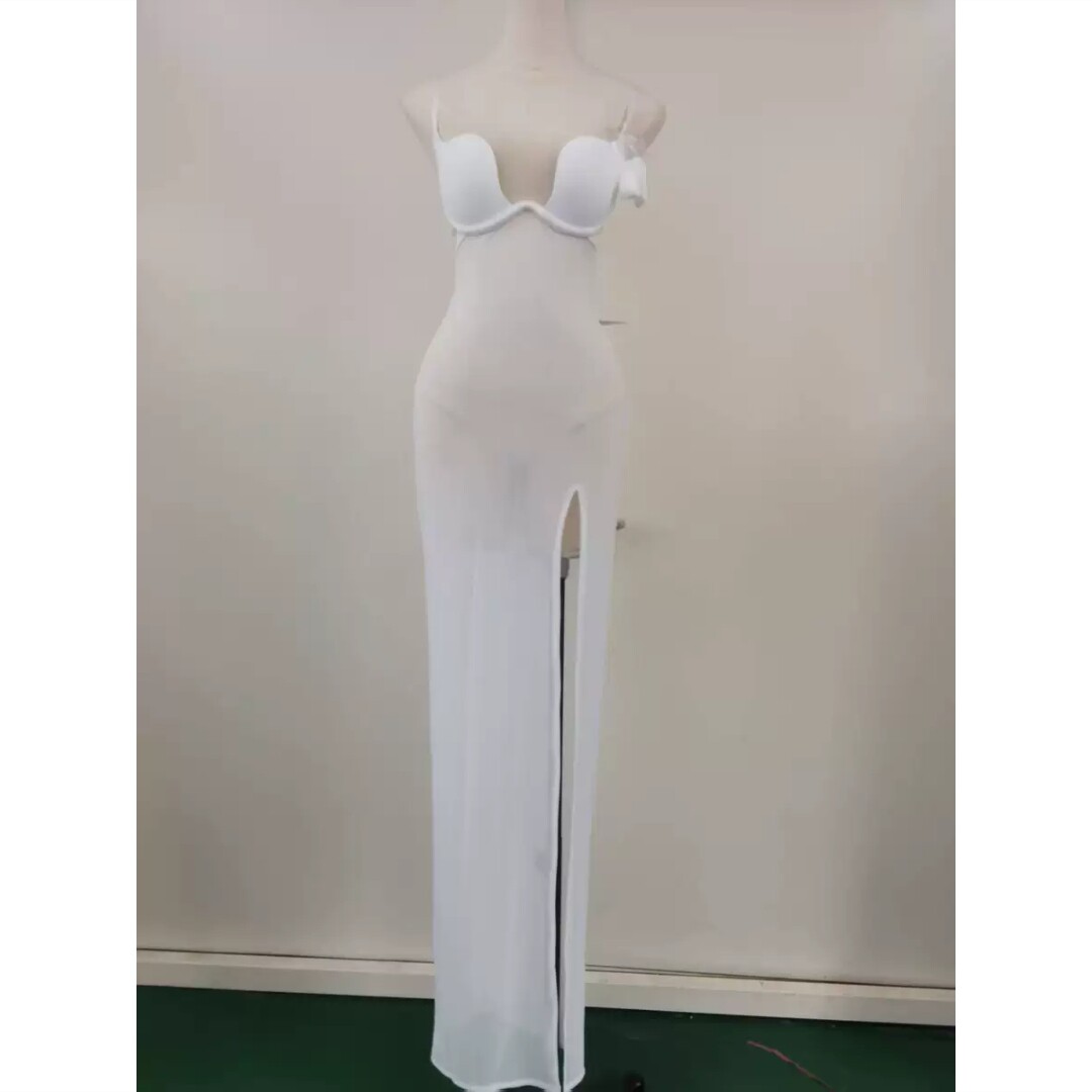 夜店性感吊带长裙低胸开叉礼服桑拿技师会所工服连衣裙白色网纱