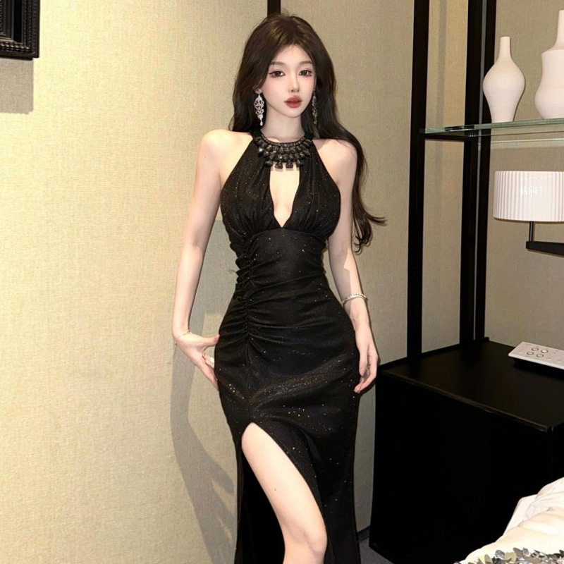 夜店性感连衣裙女夜场上班夜总会礼服裙挂脖露背开叉包臀长裙女装