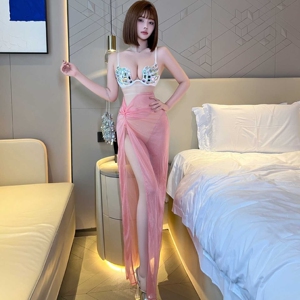 夜店性感吊带连衣裙U杯烫钻网纱透视长裙夜场会所养生馆技师工服