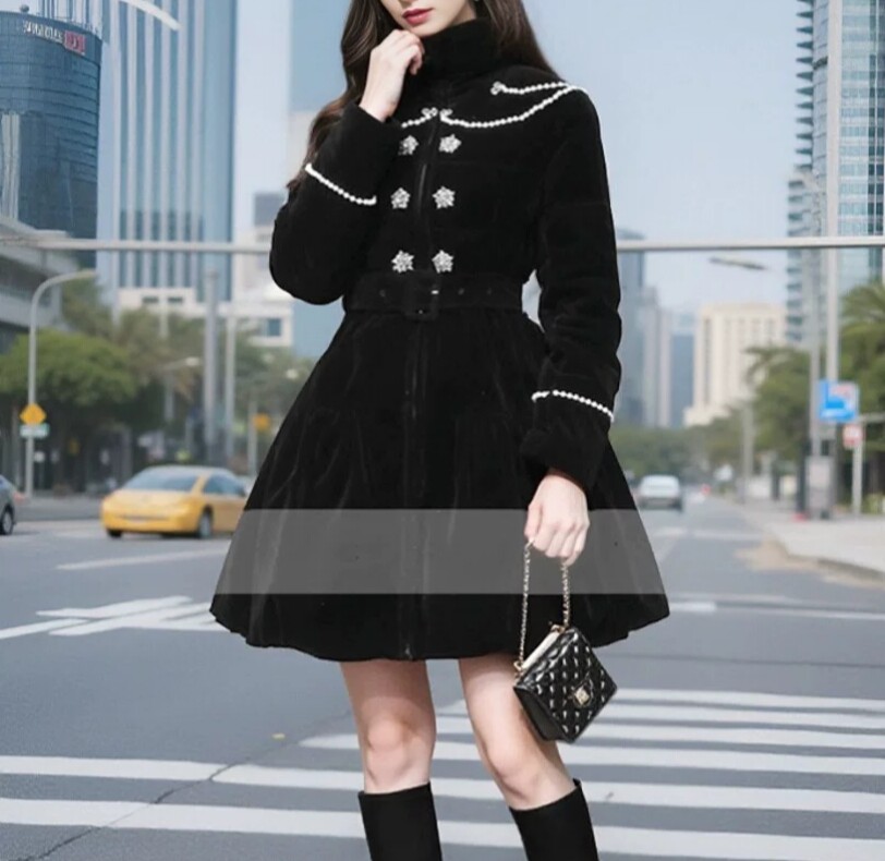 时尚设计感羽绒服公主赫本钉珠收腰a字显瘦中长款冬白鸭绒外套女