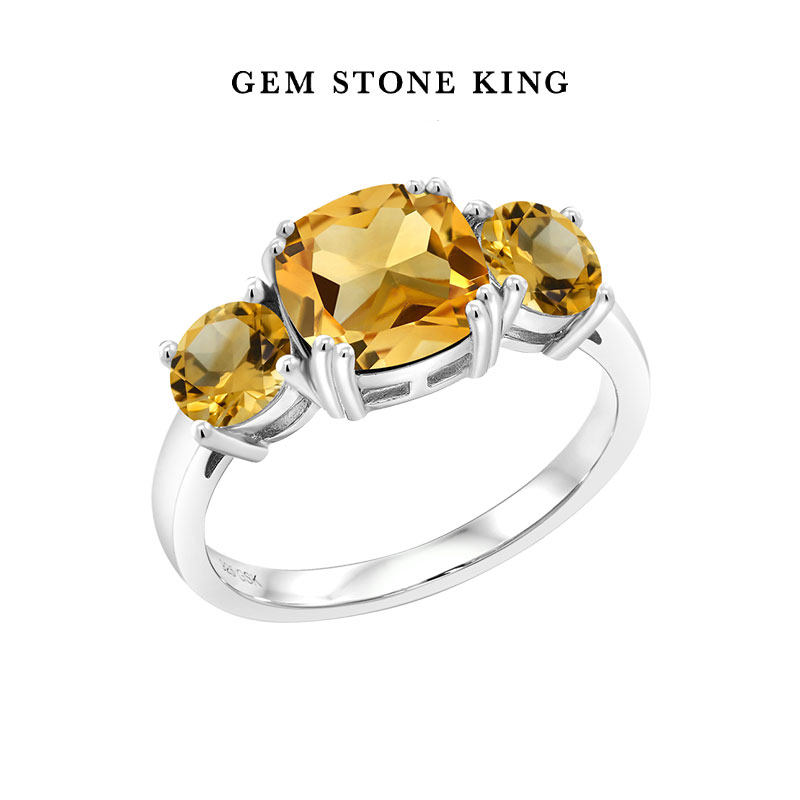 GSK美国进口3.9克拉天然黄水晶戒指925银经典公主方彩色宝石女戒