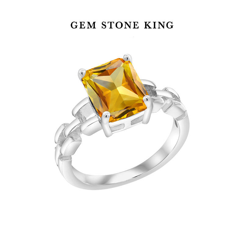 GSK戒指女时尚个性2.7克拉黄水晶925纯银公主方时尚彩色宝石女戒