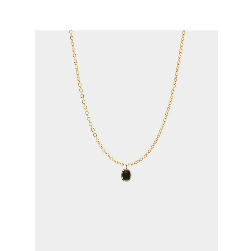 黑色幽默S925银镀14K金黑玛瑙吊坠纯银锁骨链女款简约风韩版ins风