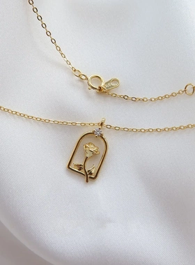 S925纯银镀14K金项链女 立体简约百搭玫瑰花精致法式锁骨链