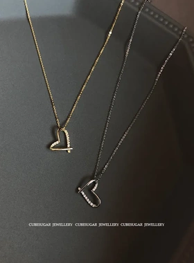 wish热卖 S925纯银镀14K金项链 立体镂空镶钻爱心吊坠项链锁骨链