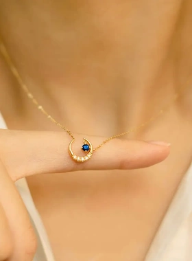 S925纯银镀金月亮项链女 简约气质百搭isn风吊坠锁骨链