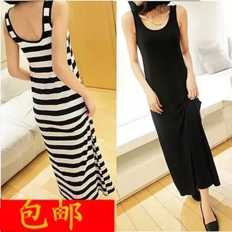 莫代尔连衣裙女黑白条纹包臀修身显瘦长裙2024夏季打底吊带背心裙