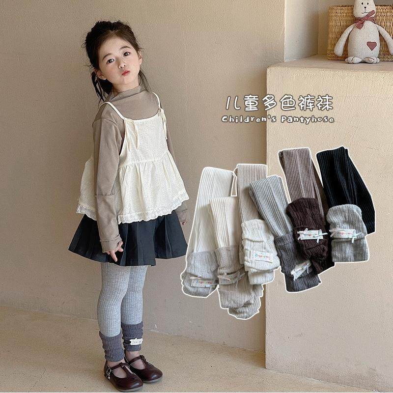 新款春秋蝴蝶结布标女童打底裤竖条纹针织拼接撞色九分儿童连裤袜