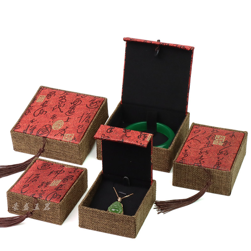 复古麻布首饰盒咖啡色礼盒红色书法手串吊坠手链收纳箱流苏盒子,饰品/流行首饰/时尚饰品新,首饰盒,淘宝优惠券,粉丝福利购,淘宝优惠卷