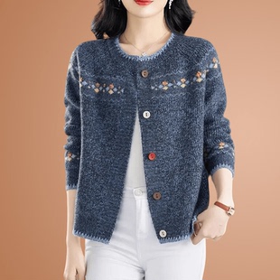 鄂尔多斯市羊绒衫女100纯山羊绒开衫中老年妈妈装加厚毛衣外套