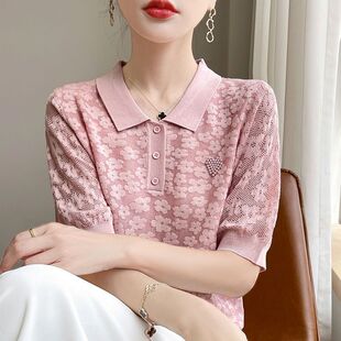 POLO领蕾丝钉珠短袖针织衫女2026新款宽松洋气气质上衣女装套头