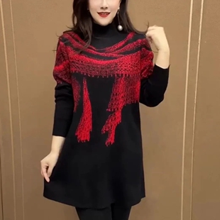 妈妈装中长款针织衫毛衣女秋冬季宽松大码时尚显瘦打底衫上衣