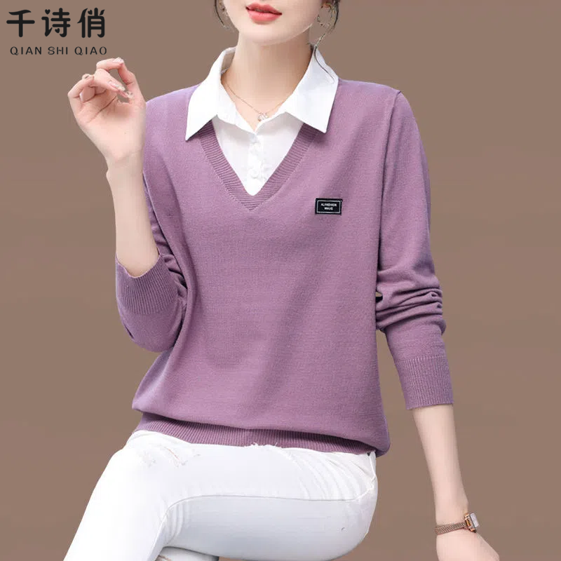 女士假两件毛衣女2025新款秋冬装韩版百搭洋气时尚针织打底衫上衣