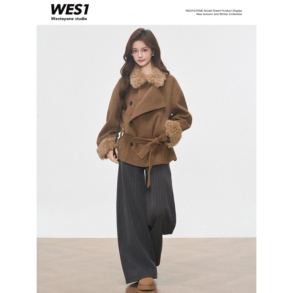 10.7新品 WESTAYONE毛领加厚毛呢大衣外套女士小个子高级+阔腿裤