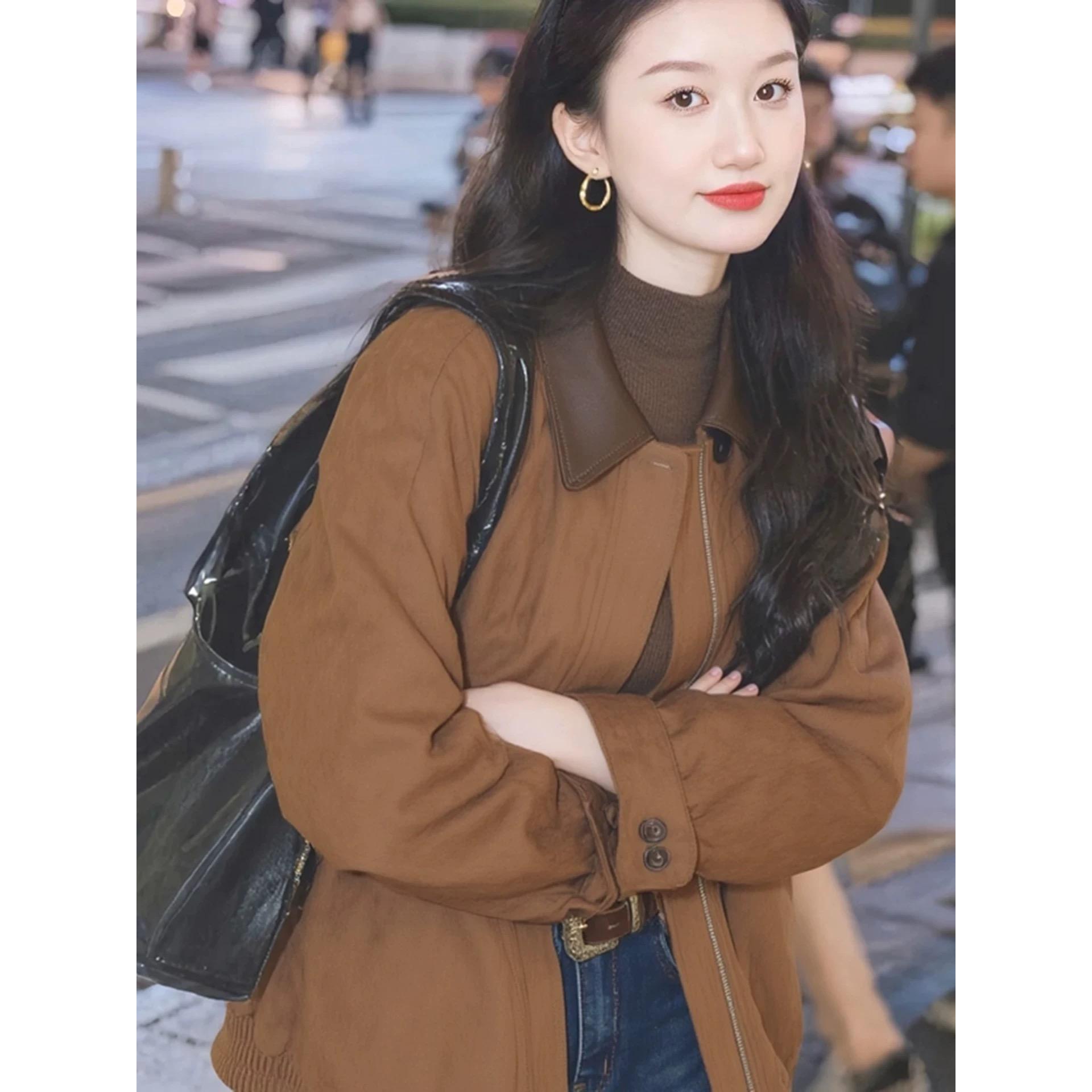 韩系棕色撞色翻领夹克外套女2025秋季新款独特漂亮百搭棒球服上衣