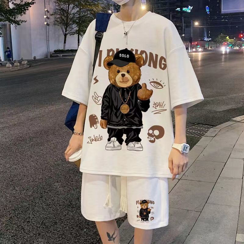 华夫格套装男士夏季ins港风短袖T恤短裤休闲运动帅气搭配