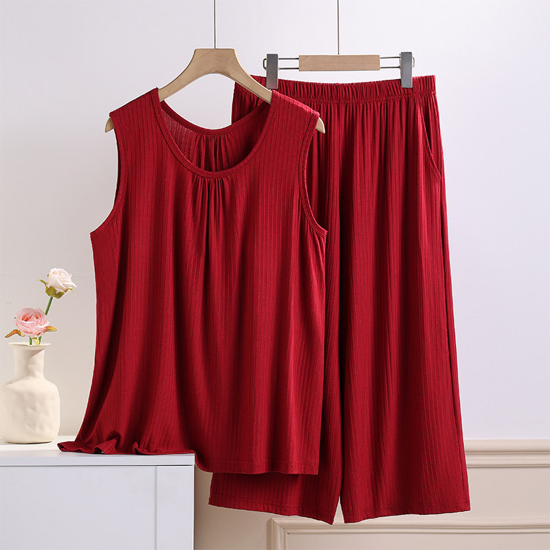 中老年女士莫代尔超薄款妈妈睡衣夏季大码宽松背心七分短裤套装