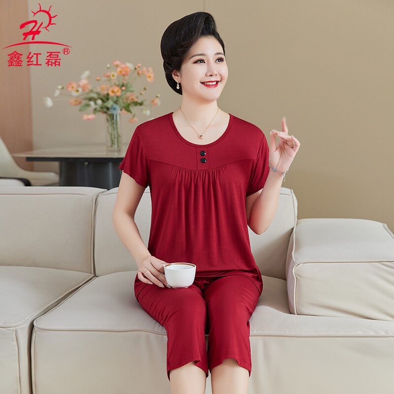 中老年女士莫代尔背心遮肚显瘦夏季七分裤套装宽松舒适妈妈装半袖