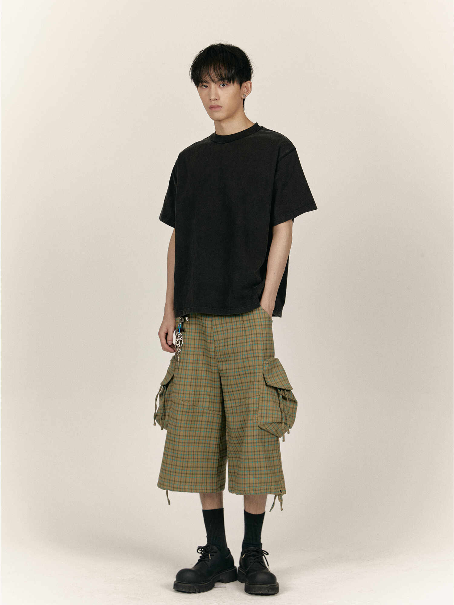 KOTAE 24SS VINTAGE HARAJUKU CHECK CROPPED PANTS LARGE POCKET CASUAL PANTS CARGO PANTS WIDE LEG MENS AND WOMENS FASHION ORIGINAL