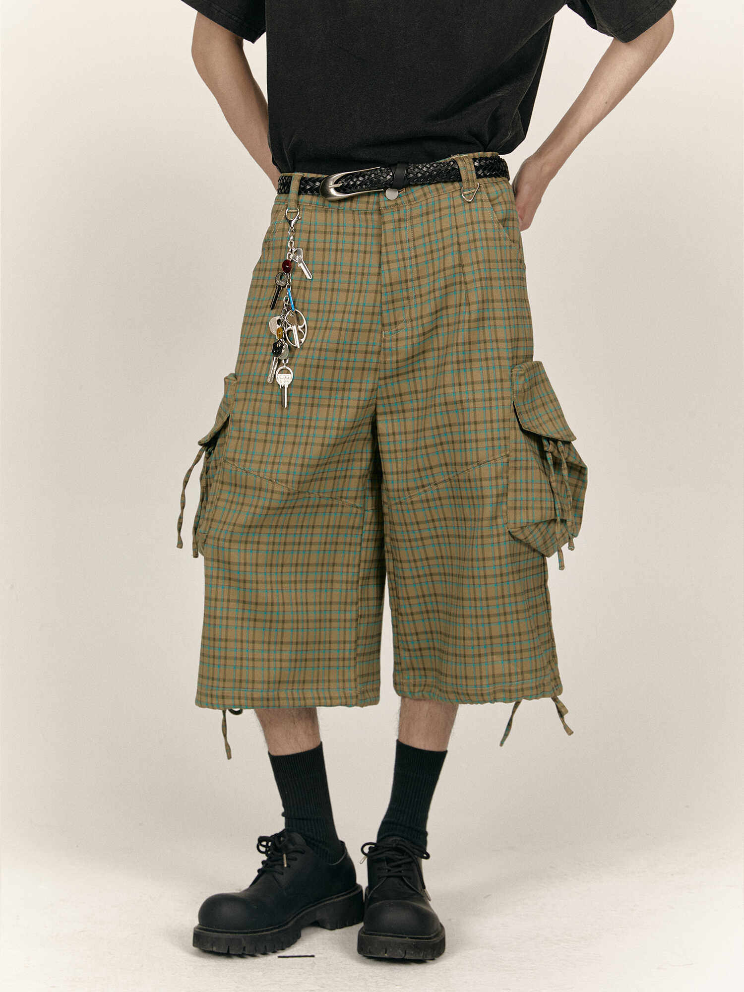 KOTAE 24SS VINTAGE HARAJUKU CHECK CROPPED PANTS LARGE POCKET CASUAL PANTS CARGO PANTS WIDE LEG MENS AND WOMENS FASHION ORIGINAL