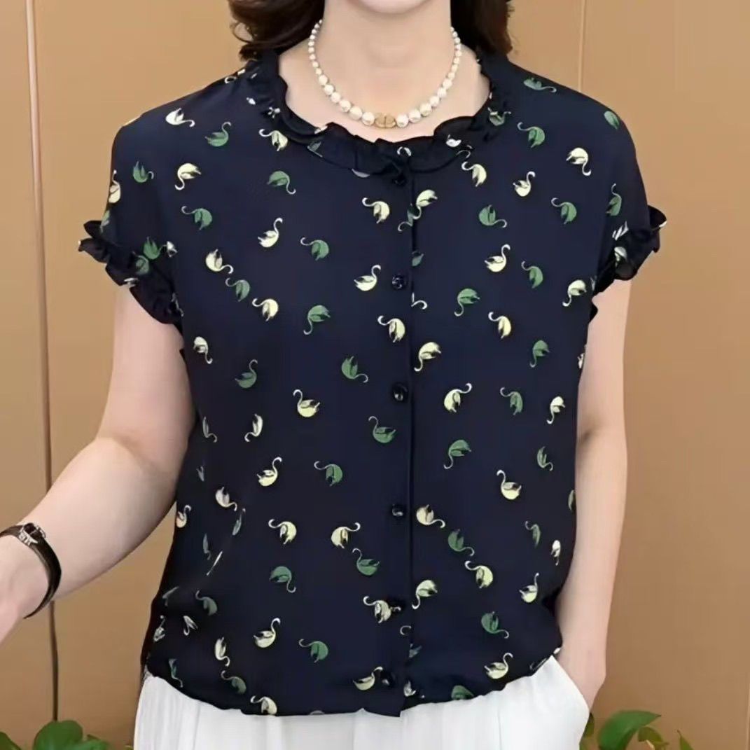 无抽绳新款优雅时尚花设计洋气妈妈休闲短袖气质套头衬衫百搭上衣
