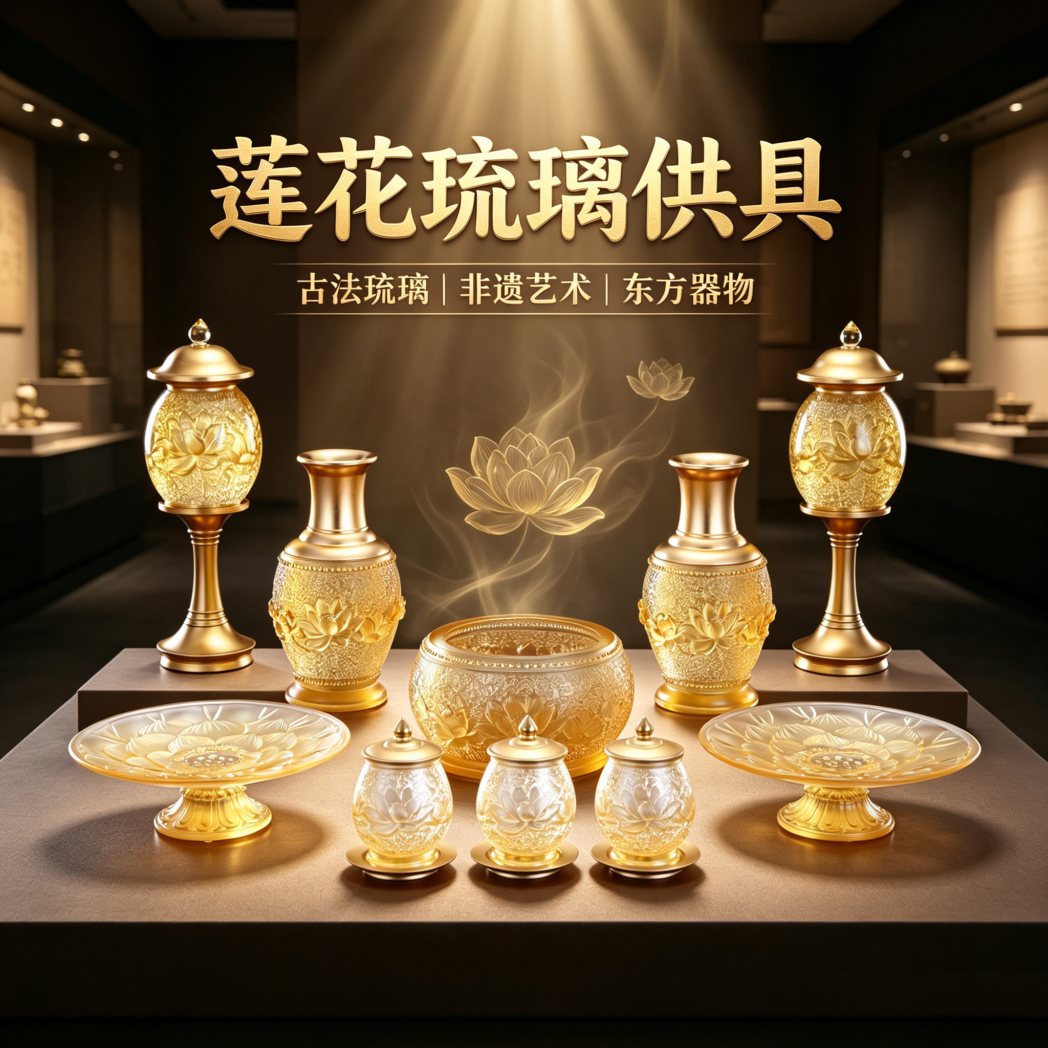 浮雕莲花供具套装家用古法琉璃佛具用品摆件观音灯香炉圣水杯花瓶