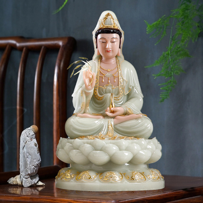 汉白玉观音菩萨佛像摆件家用供奉玉石坐莲观世音菩萨雕像观音大士