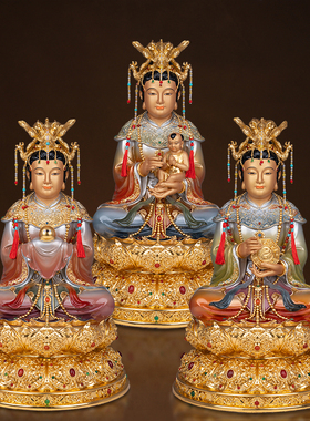 纯铜彩绘镶宝石三霄娘娘铜像道家供奉碧霄仙子云琼霄送子娘娘神像