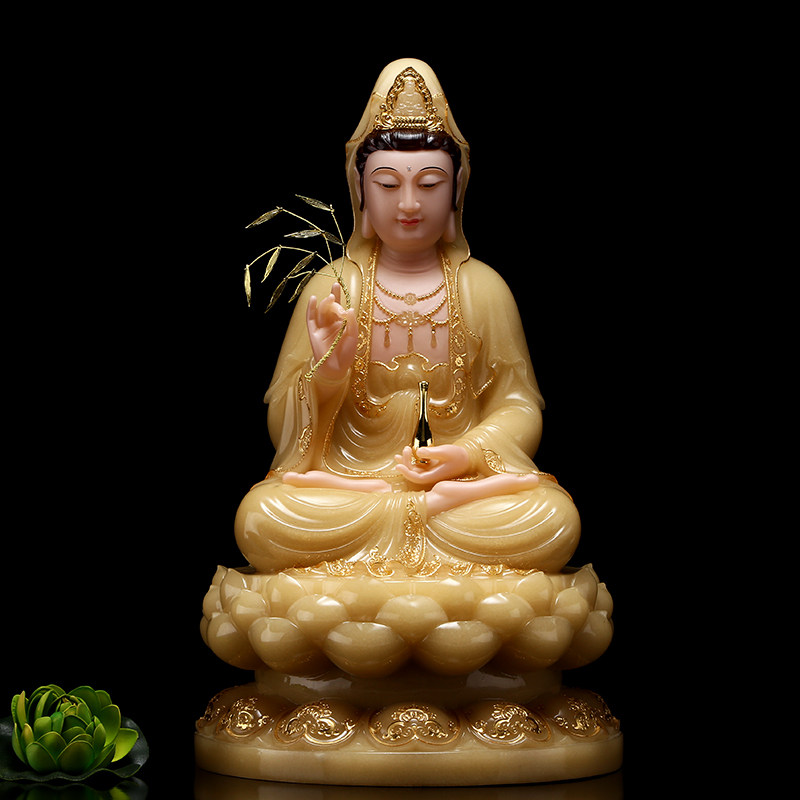 汉白玉描金坐莲南海观音菩萨佛像