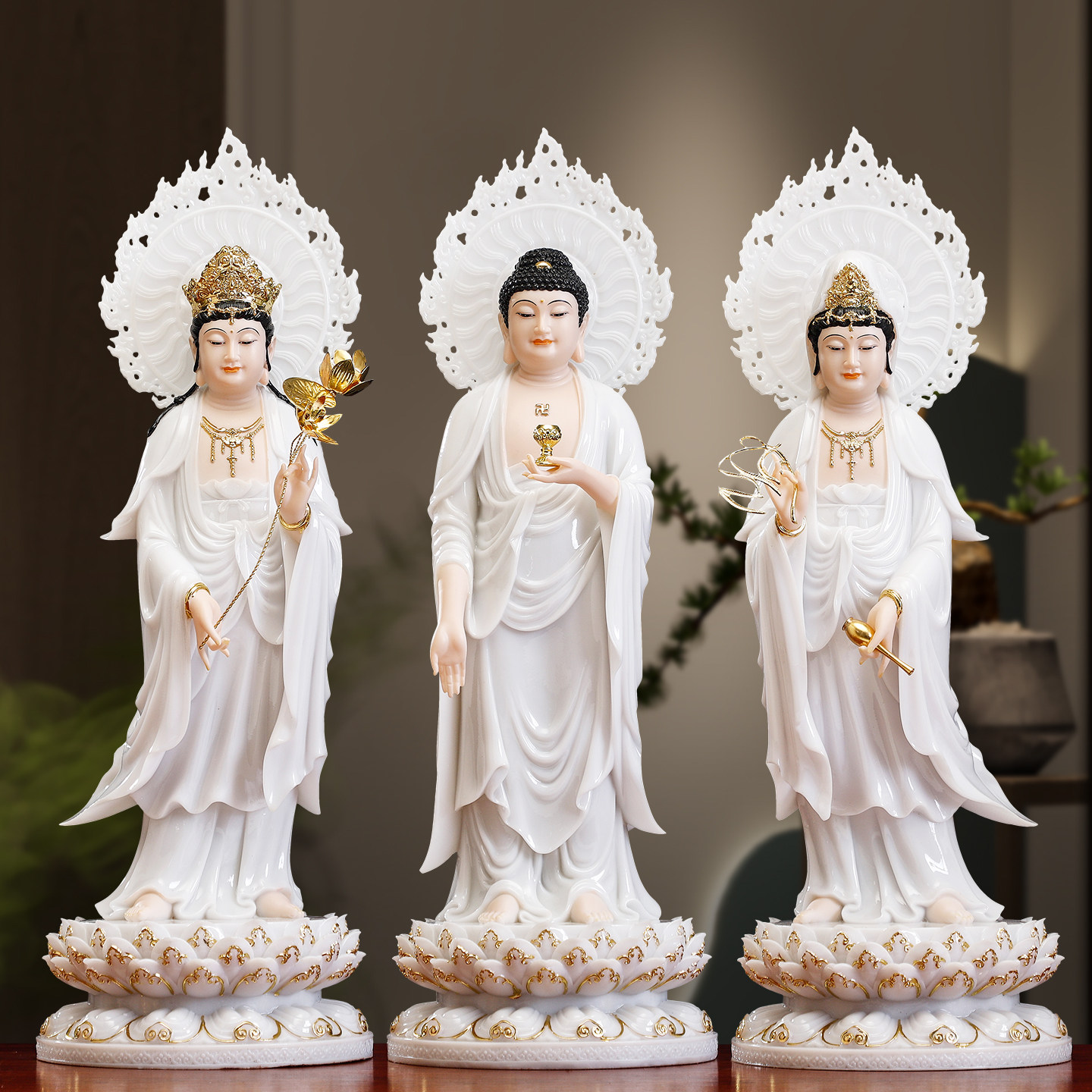 西方三圣佛像汉白玉阿弥陀佛大势至南海观音站像摆件佛堂供奉菩萨