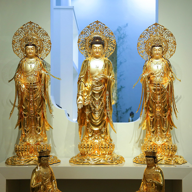 大型铜雕贴金西方三圣佛像寺庙供奉1米观音菩萨艺术雕像阿弥陀佛