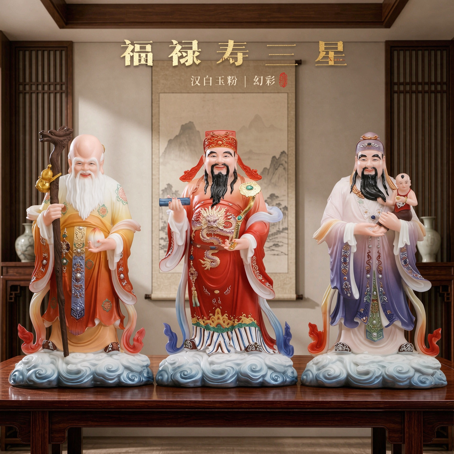 汉白玉福禄寿喜三星神像客厅摆件