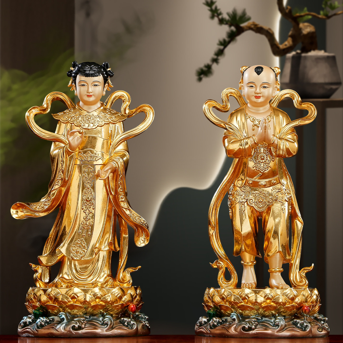树脂贴金金童玉女佛像善财童子龙女观音左右童男童女招财供奉摆件