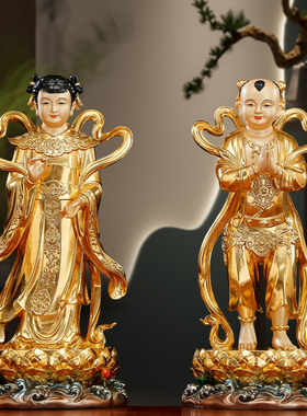 树脂贴金金童玉女佛像供奉摆件